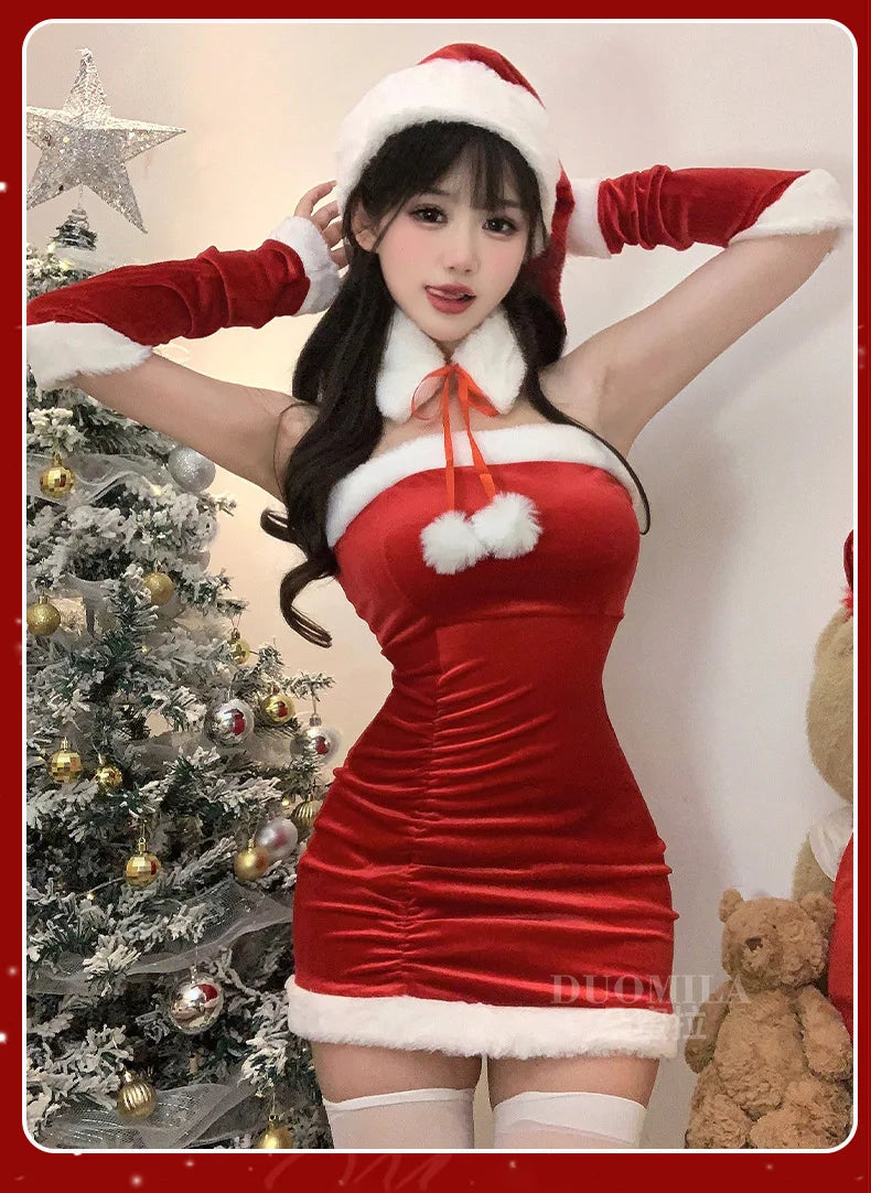 Fashion Sexy Korean Women Christmas Decoration Short Dress Elegant Velvet Sexy Female Cosplay Halloween Performance Dress 6BVH - Seprincess