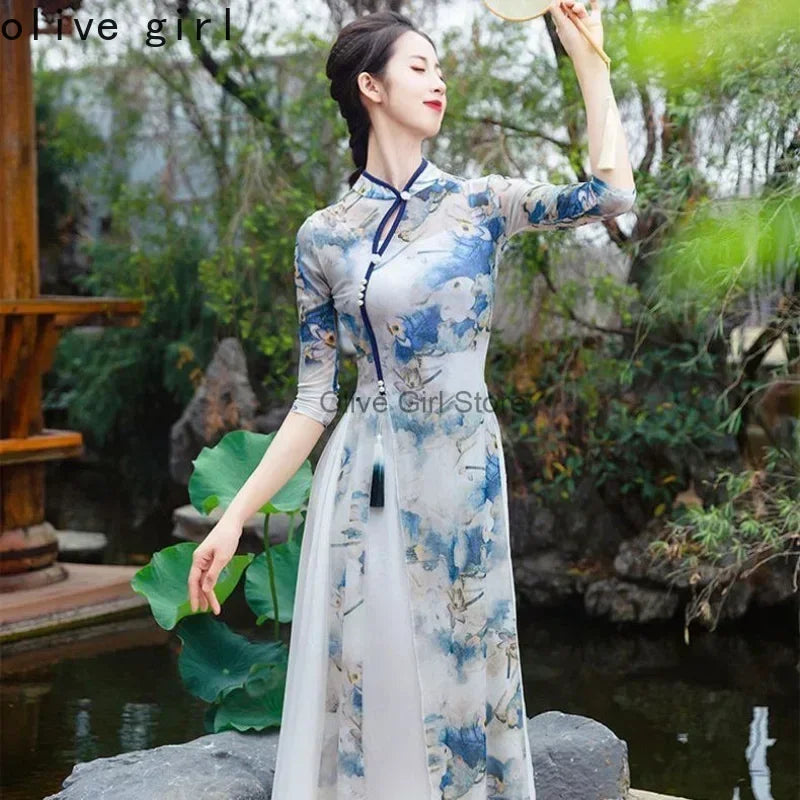 Chinese Qipao Dress Cheongsam Traditional Costume Classical Dance High-end Elegant Dance Clothes Folk Dance Women's Clothes - Seprincess