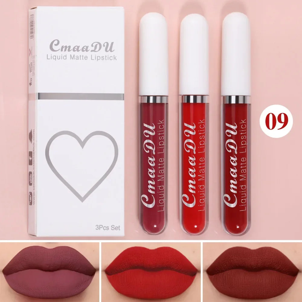 3Pcs/Set Waterproof Matte Nude Lip Gloss Brown Nude Pigment Dark Red Long Lasting Velvet Liquid Lipstick Women Makeup Lip Glaze - Seprincess