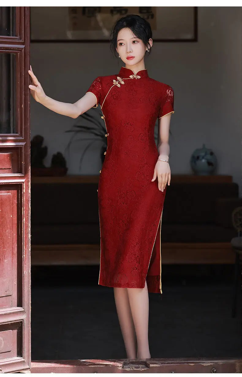 New Arrival Cheongsam Dress Red Jacquard with Improved Design Perfect for Wedding Bridal Party Banquet Dinner - Seprincess