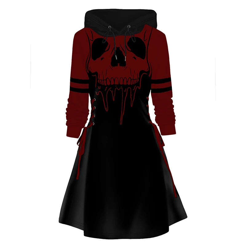 Dressfo 2024 Womens Gothic Hoodie Dress Cat Hat Moon Print Lace Up Long Sleeve A Line Mini Dress Christmas Sweatshirt Dresses - Seprincess