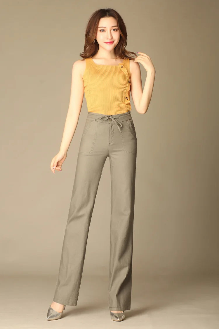 Women Drawstring Casual Cotton Linen Pants Solid White Black Khaki Breathable Summer Thin Straight Leg Loose Trousers S 4XL