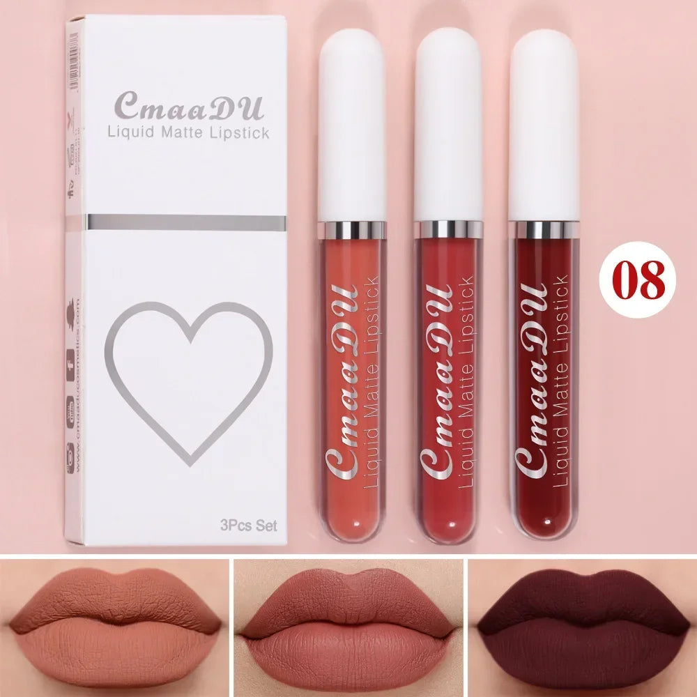 3Pcs/Set Waterproof Matte Nude Lip Gloss Brown Nude Pigment Dark Red Long Lasting Velvet Liquid Lipstick Women Makeup Lip Glaze - Seprincess