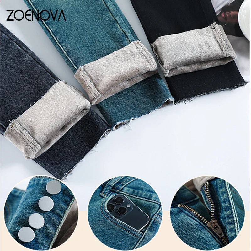 ZOENOVA Autumn Winter Streetwear Women Fleece Warm Jeans Fashion Casual Slim Versatile High Waist Elastic Velvet Soft Leggings