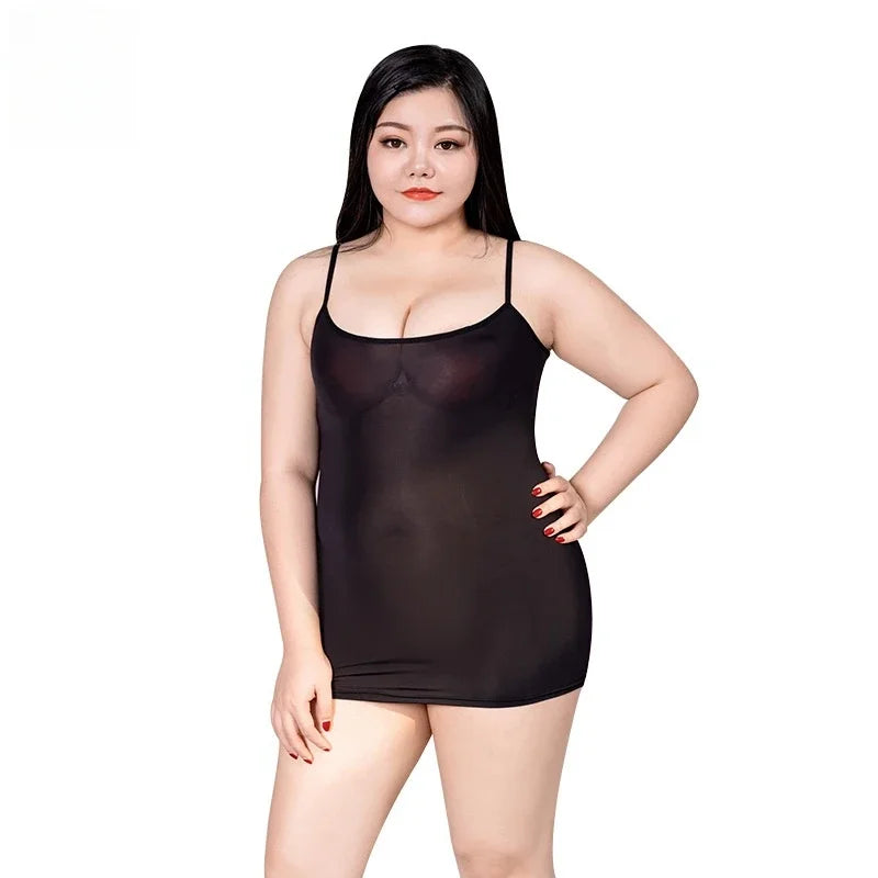 Plus Size Mini Dress Smooth See Through Shiny Long Dresses Sexy Strap Pencil Dress for XXXL Oversized Women Clothing Black White - Seprincess