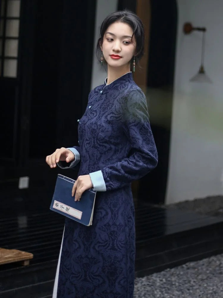 2024 Autumn New Vietnam Aodai Chinese Styles Women Floral Printing Vintage Long Dress Qipao Chinese Elegant Cheongsam Dress - Seprincess