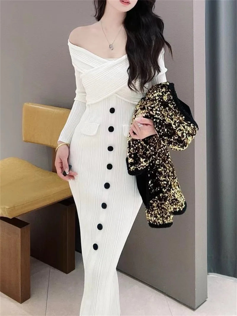 Women Slim V-Neck Knitted Dress Single-Breasted White Long Sleeve Ladies One-Shoulder Package Hip Long Robe - Seprincess