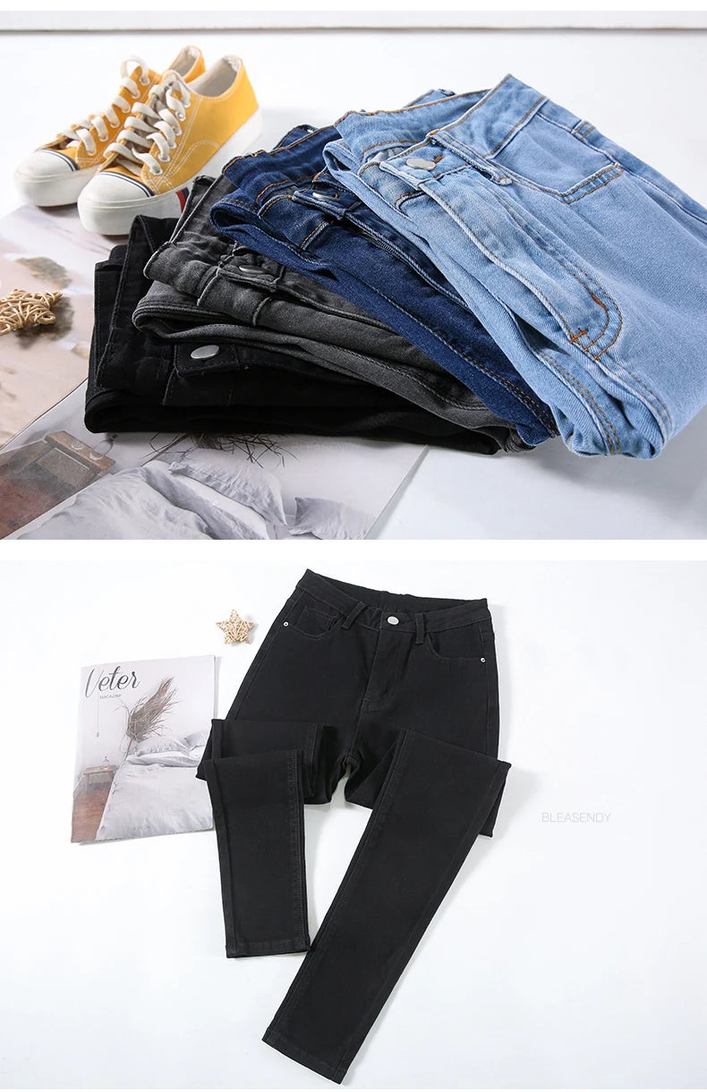 Skinny Jeans Women's Elastic High Waist Slim Fashion Korean Pencil Pants Spring New Leggings Black Gray Light Blue