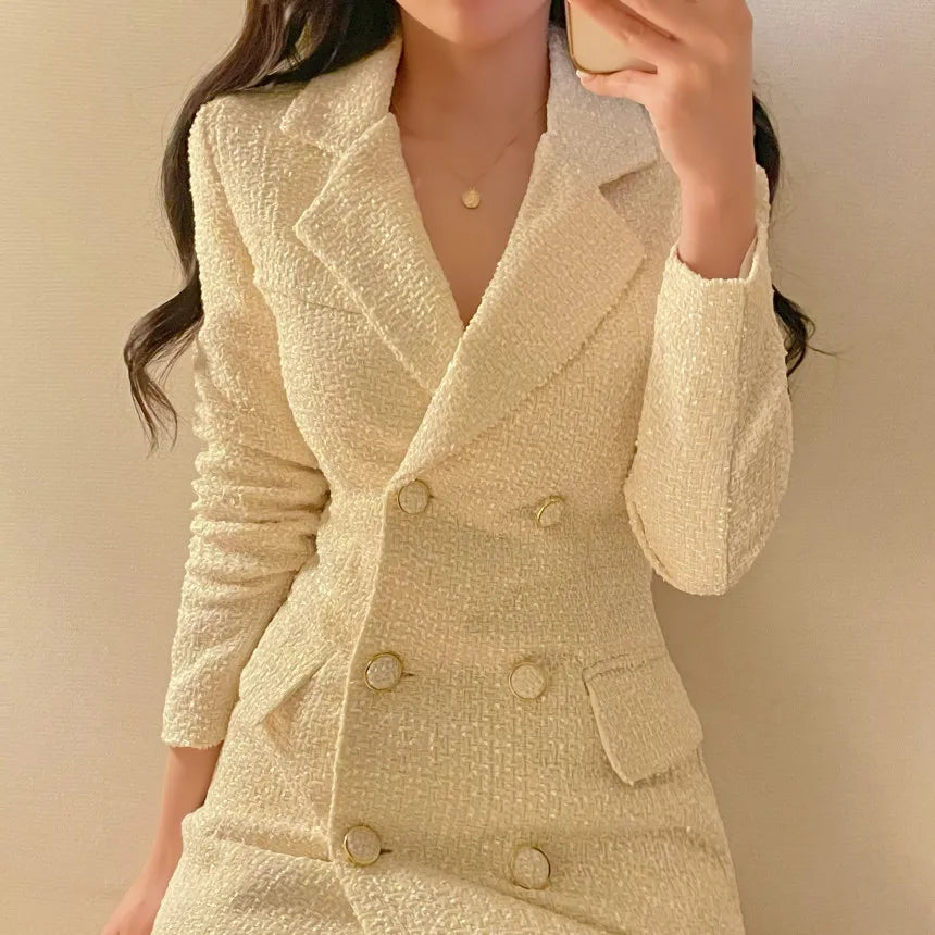 Elegant Tweed Blazer Dress Double Breasted Slim Short Dresses for Women Korean Fashion Office Lady Coat Dress Autumn Winter New - Seprincess