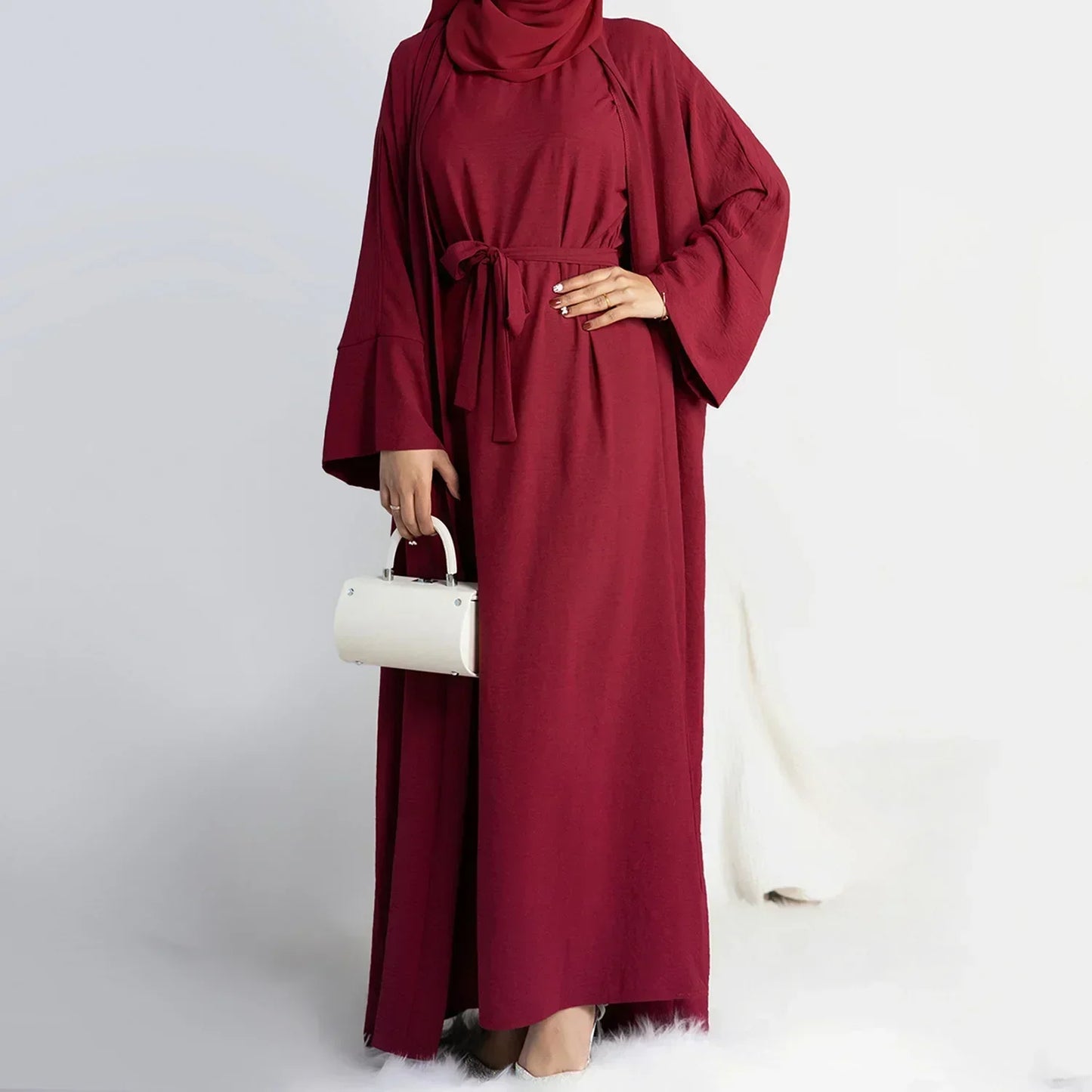 2 Piece Abaya Slip Sleeveless Hijab Dress Matching Muslim Sets Plain Open Abayas for Women Dubai Turkey African Islamic Clothing - Seprincess