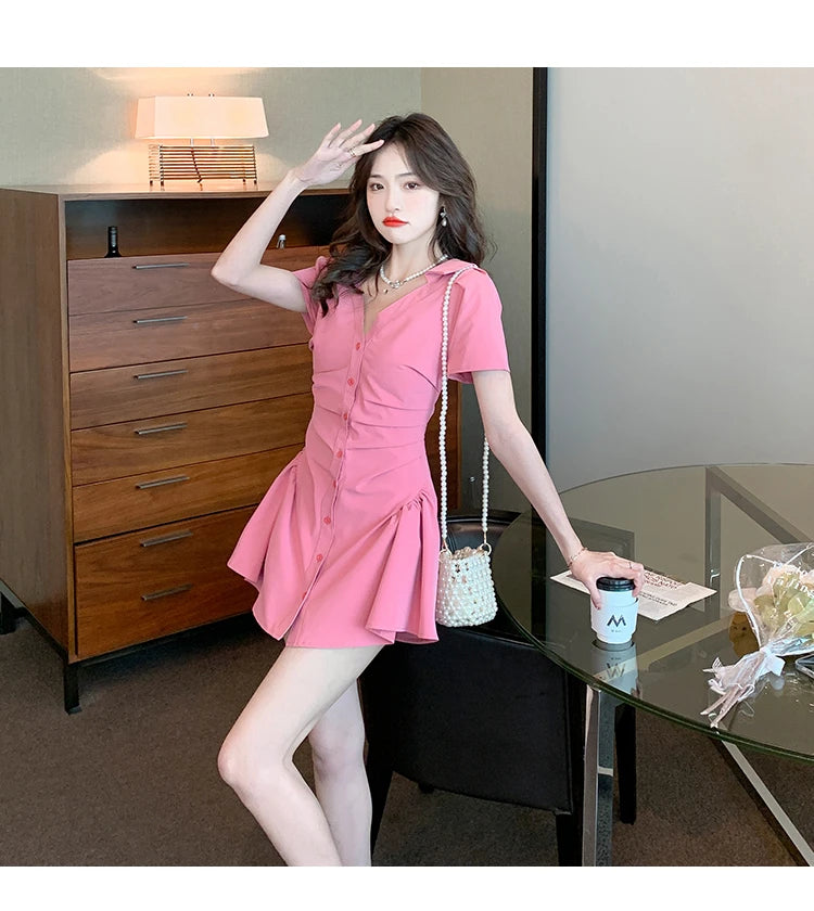 Women Dress 2022 Summer New Net Red Sexy V Neck Short-sleeved Fold Waist Thin Dress Short Single-breasted Shirt Dress Pure Color - Seprincess