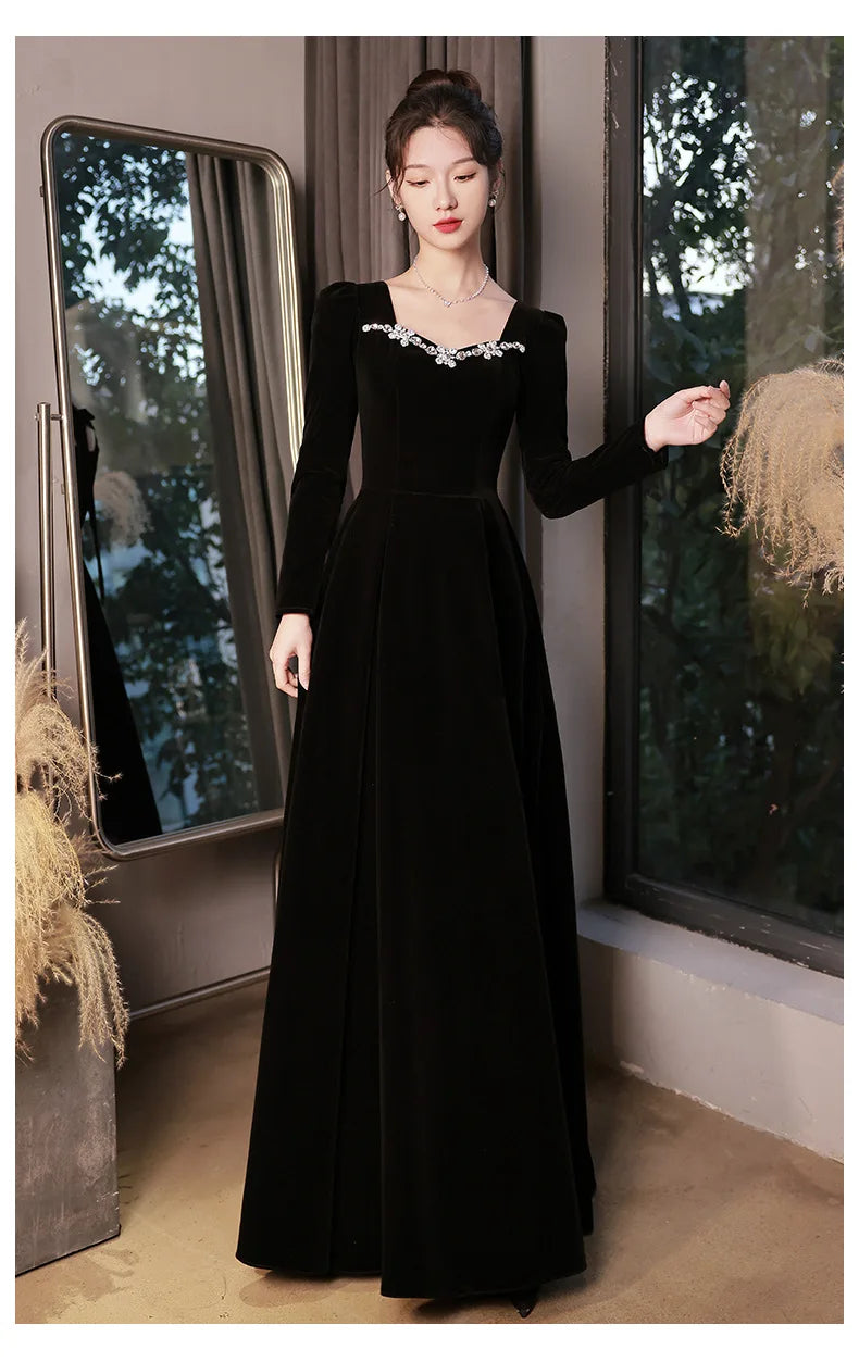 Autumn Winter Black Evening Dress Women Elegant  Luxury Velvet Long Sleeve A-line Party Dresses French Beadding Prom Gown - Seprincess