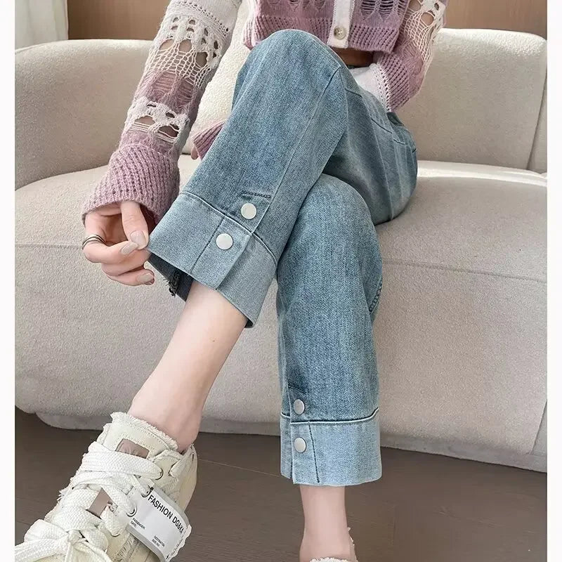 Grey Concrete Jeans Women's Loose-Fit High-Waisted Petite Straight-Leg Pants Summer Thin Style Casual Ladies Trousers