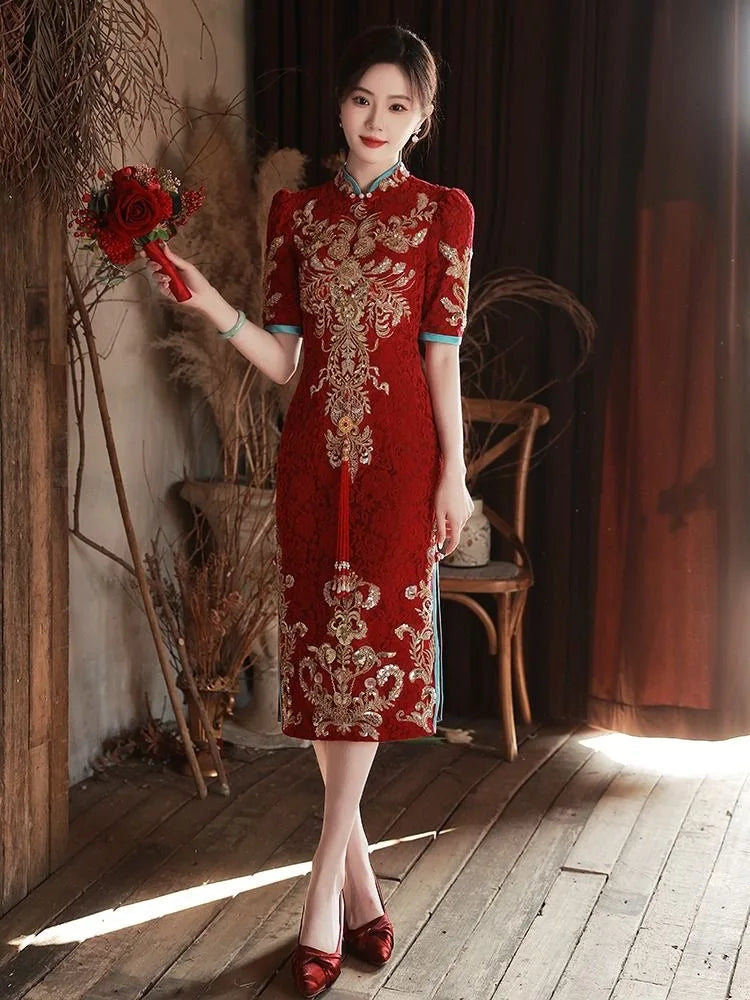 Toast Bride Wedding Dress Luxury Sequin Qipao Long Chinese Women Traditional Vintage Cheongsam Dresses Evening Gown China - Seprincess