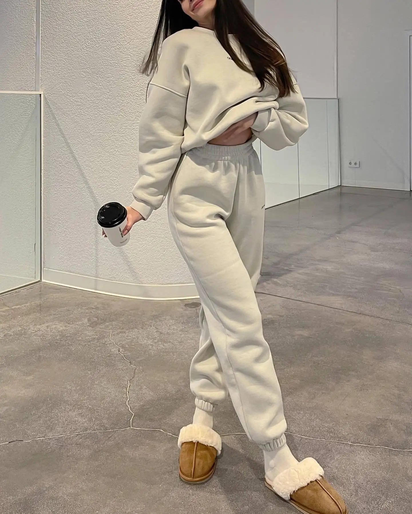 Autumn And Winter New Casual Sports Women's Suit Fashion Solid Color Simple Warm Pants Hoodie Female 2 Piece Set 2024 - Seprincess