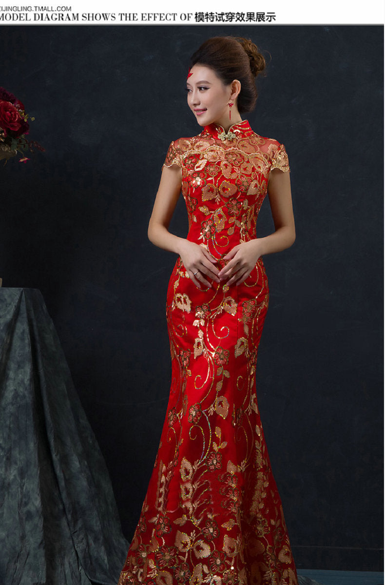 Red Chinese Wedding Dress Female Long Short Sleeve Cheongsam Gold Slim Chinese Traditional Dress Women Qipao for Wedding Party - Seprincess