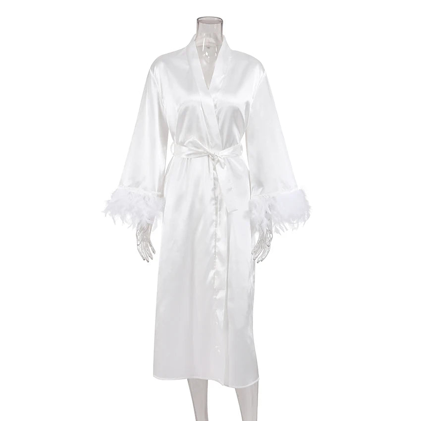 Hiloc Flare Sleeves Feather Robes With Fur White Wedding Sexy Robes Women Dresses Satin Bathrobe Female Sleepwear Fashion 2024 - Seprincess