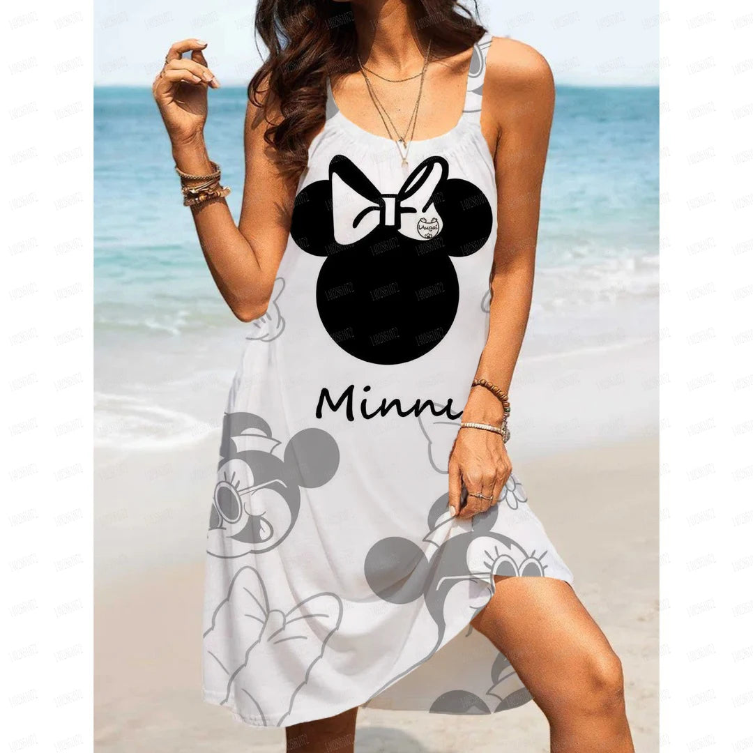 Women's Summer Casual Swinging Strap Beach Dress Disney Mickey Mouse Print Plus Size Loose Sexy Open Back Dress - Seprincess