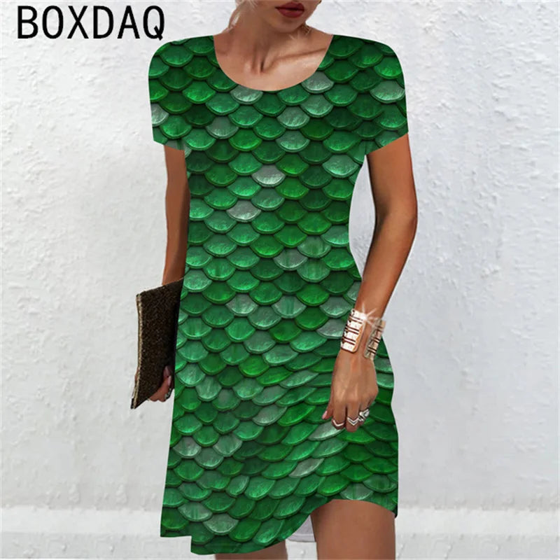 Women Short Sleeve O-Neck A-Line Mini Dress Sexy Snake Colorful Scale Pattern Printed Dress Large Size Lady Casual Sundress - Seprincess