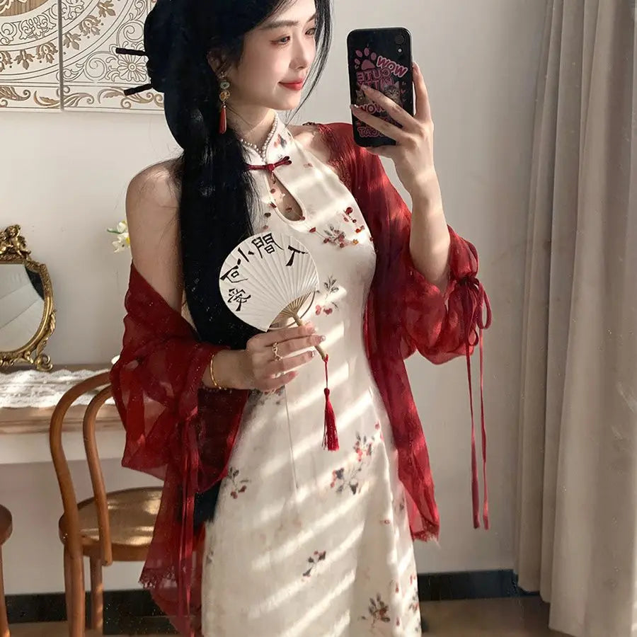 New Chinese Style Neck Hanging Dress Retro Improvement Cheongsam Summer New Print Slim Qipao Waist Reducing Slimming Dresses - Seprincess