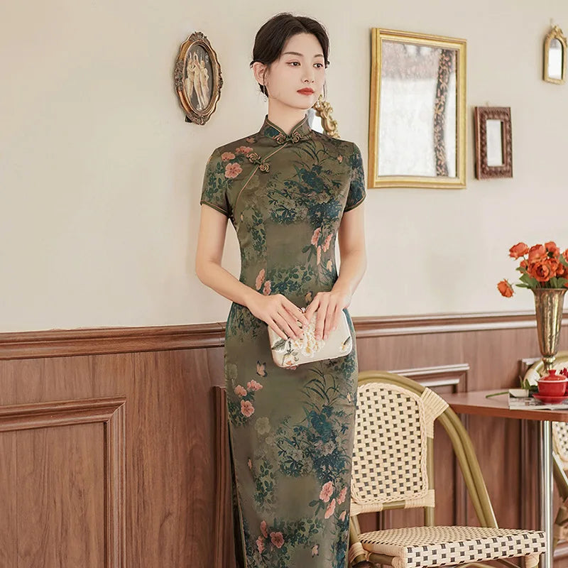 Large Size 4Xl 4Xl 5Xl Chinese Qipao Cheongsam Woman Chinese Traditional Dress Floral Print Slitting Hem Bodycon Sexy Vestidos