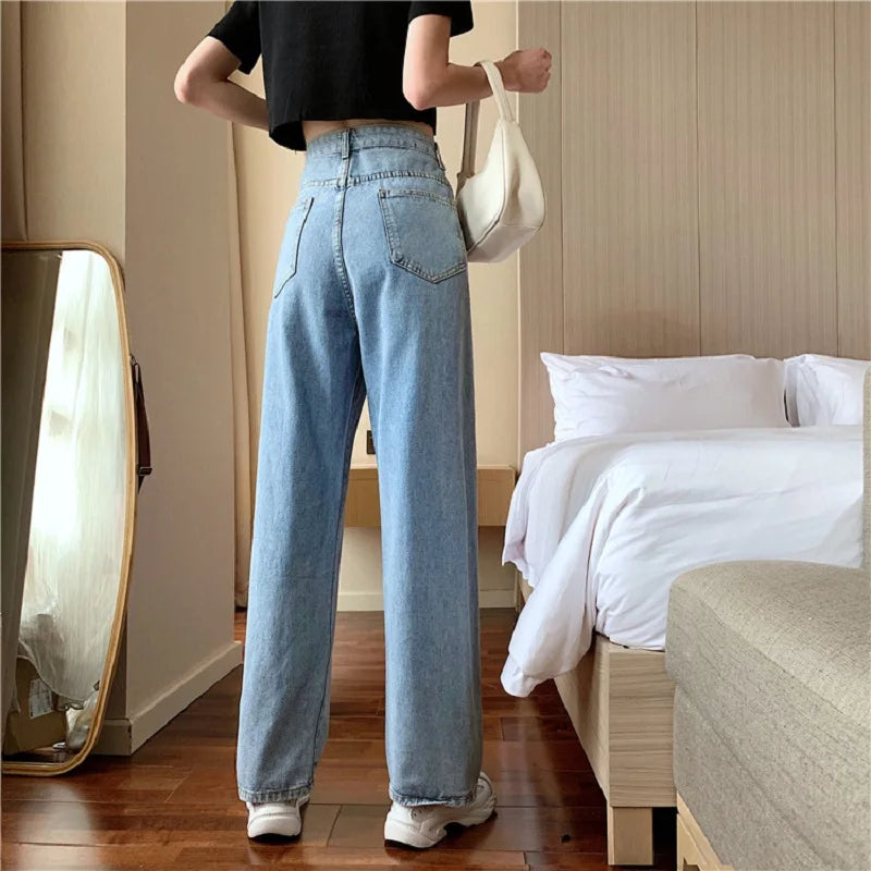 Spring Autumn High Street Network Red Denim Pants Female Y2k Korean Version High Waist Loose Leg Straight Leg Mopping Pants Tide