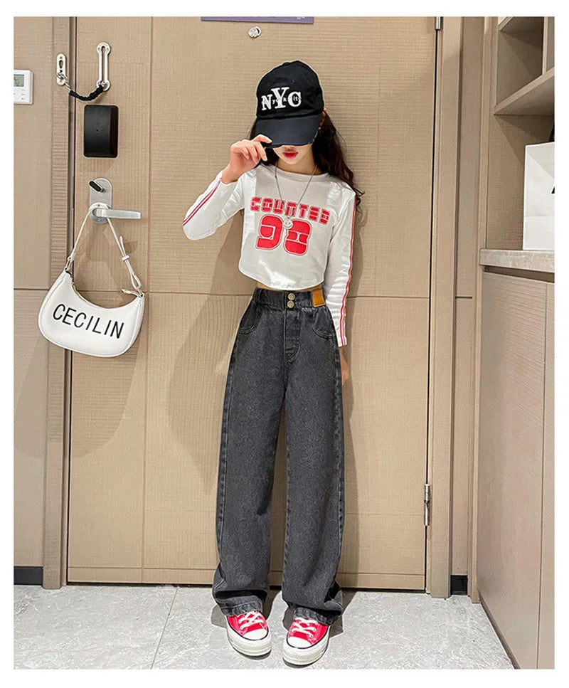 Girls Loose Jeans Pants Autumn Children Casual Straight Long Pants Teen School Big Kids Wide Leg Trousers 5-14 Years