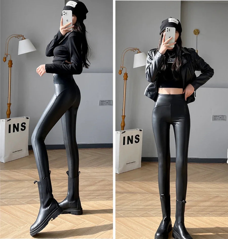 Autumn Winter Black High Waist Tights Stretch Soft Thin Fleece Leggings for Women Pants Sexy Slimming Pu Leather Leggings Women