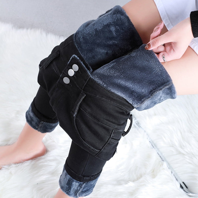 Women Thermal High Waist Jeans Winter Snow Warm Plush Stretch Jeans Lady Skinny Thicken Students Denim Pants Fleece Fur Trousers