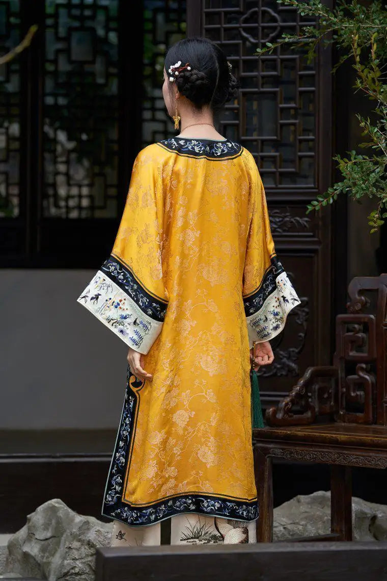 Qing Dynasty Satin Yellow Printed Cheongsam Cloak Chinese Vintage Heavy Industry Horse Face Skirt Original  Qipao Dress Modern - Seprincess