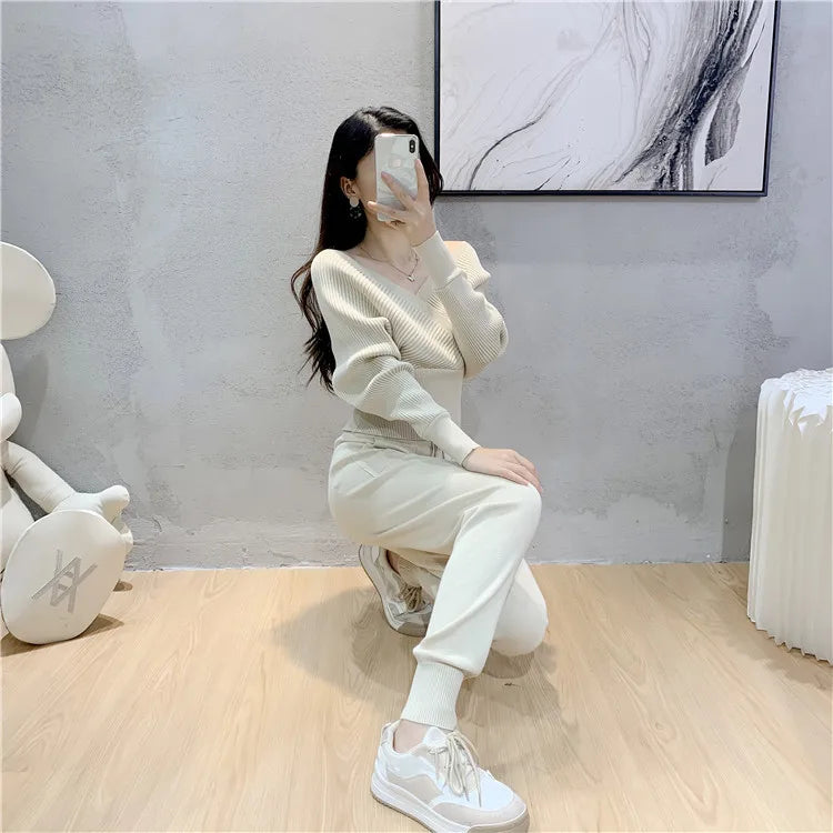 Elegant Tracksuit Sexy Two Piece Set Women Korean Style Ribbed Knitted Backless Top And Long Harem Pant Suit Autumn Outfits y2k - Seprincess