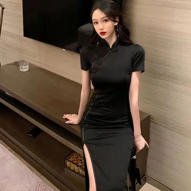 Black Chinese Elegant Dress for Women Vintage Mandarin Collar Female Sexy High Split Long Sleeve Slim Qipao Classic Cheongsam - Seprincess