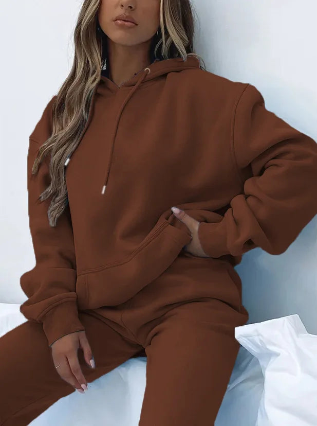 Women Two Piece Sets Tracksuit outfit Hooded Sweatshirts Pocket Drawstring Long Pants Suit Thick Casual Office Lady Autumn