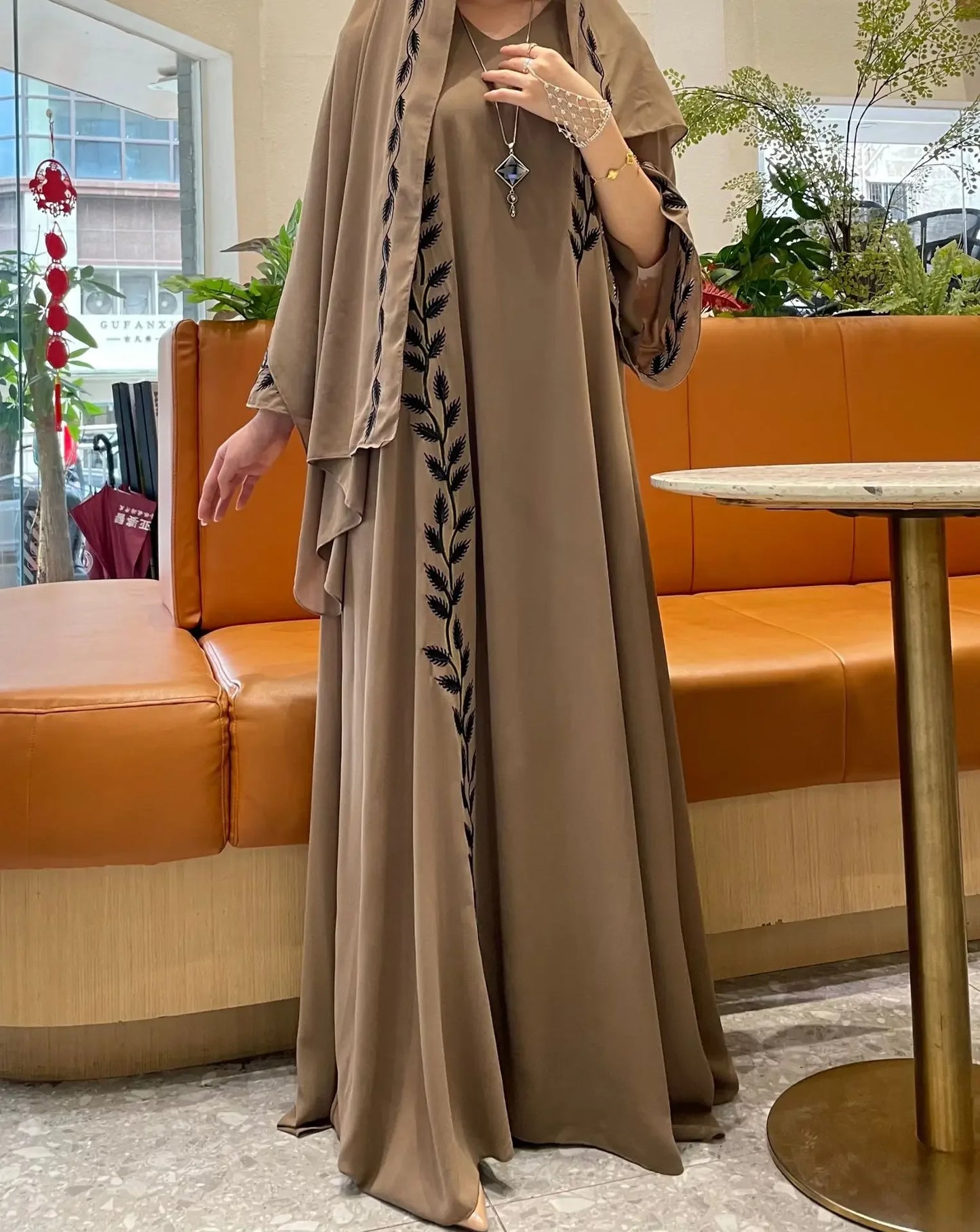 Eid Muslim Abaya for Women Embroidery Dress with Scarf 2 Piece Set Dubai Arab Long Robe Morocco Abayas Kaftan Headscarf Gorgeous - Seprincess