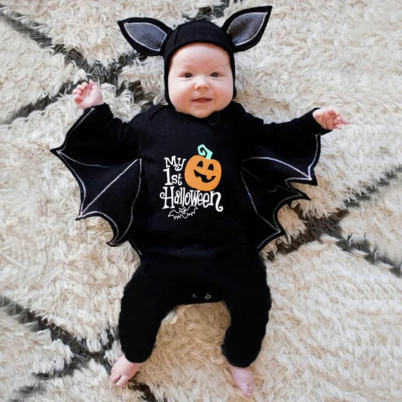 Halloween Baby Black Bat Costume Cosplay Romper Jumpsuit Infant Boys Girls Purim Party Carnival Fancy Dress Long Short - Seprincess