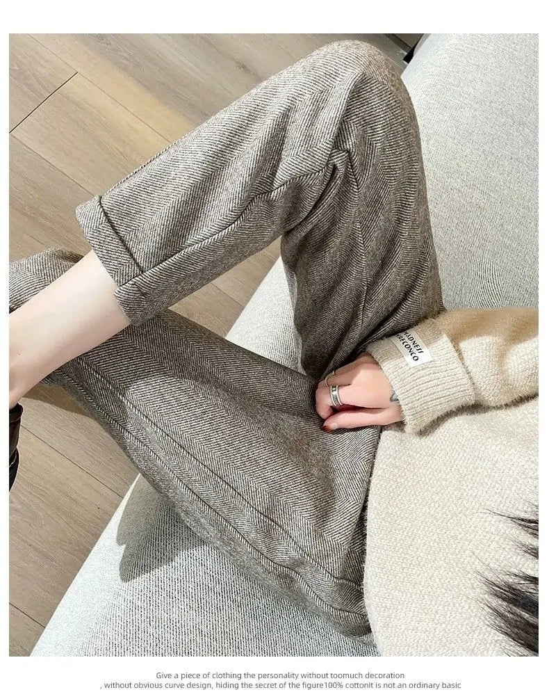 Winter Woolen Pants for Women Thicken Warm Ankle-Length Harem Pants Office Lady Khaki Elastic Waist Fashion Women's Trousers