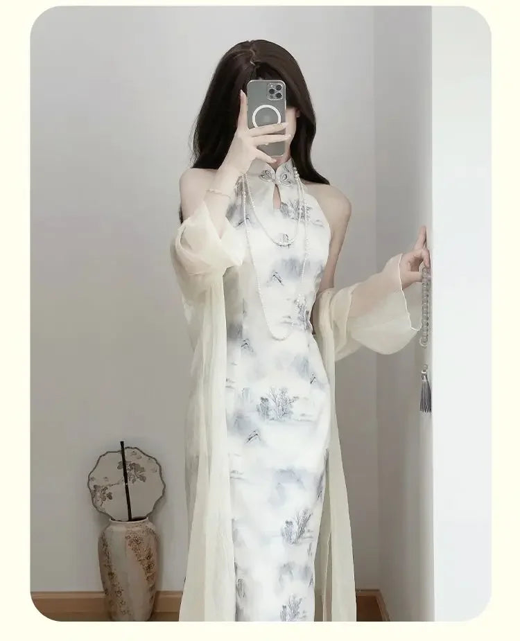 Modern Chinese Style Qipao 2024 New Improved Summer Youth New Hanging Neck Cheongsam Girl Elegant Long Dress With Shawl Women - Seprincess