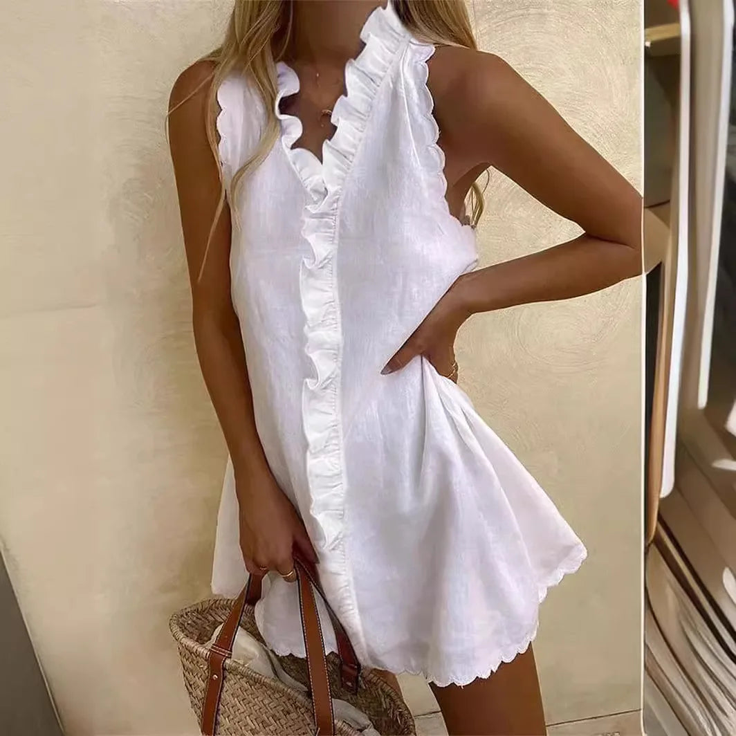 New Women Casual Cotton And Linen White Dress Summer V Neck Ruffles Sleeveless Elegant Boho Beach Party Mini Dresses Female Robe - Seprincess