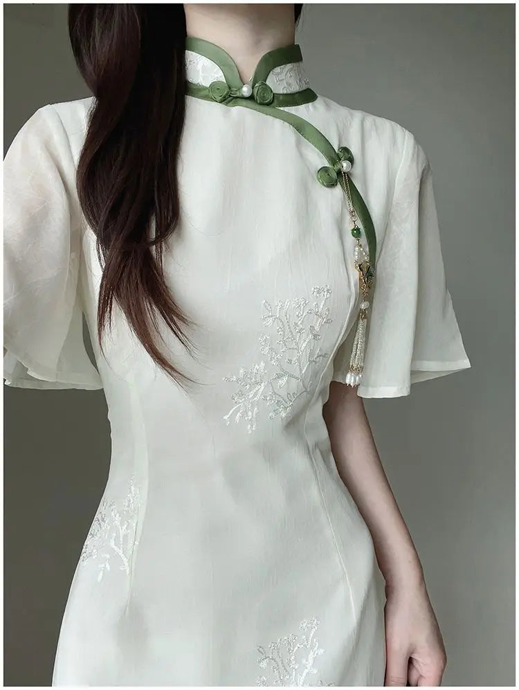 Women White Chiffon Embroidered Inverted Long Sleeve Qipao 2023 Summer New Cheongsam Chinese Style Girl Wen Wan Lady Dress - Seprincess