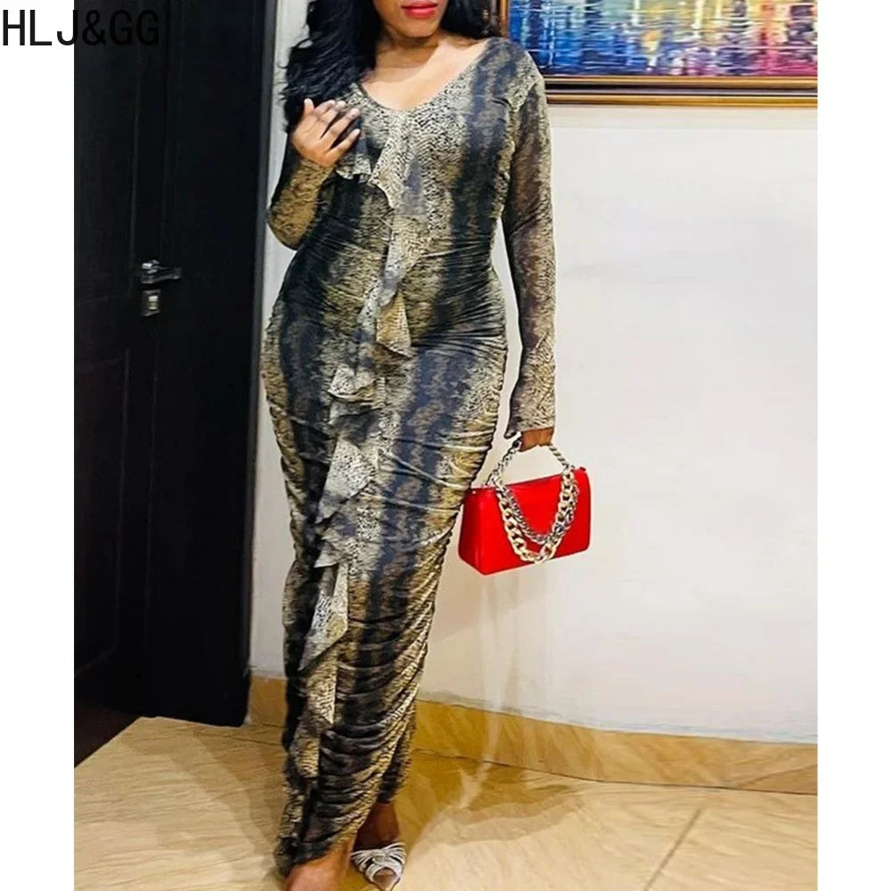 HLJ&GG Sexy Snake Printing Ruffle Bodycon Dresses Women V Neck Long Sleeve Slim Vestidos Fashion Female Ruched Dress Clothing - Seprincess