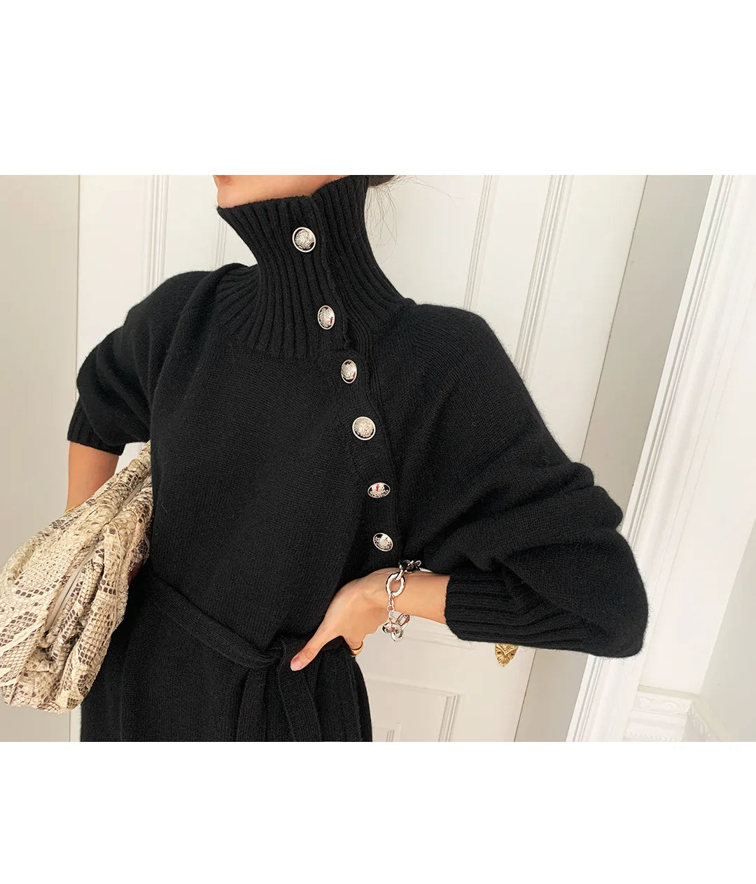 Women Dress Full Sleeve Button Irregular Long Dresses Turtleneck Party Slim Fit Lace Up Tight High Waist Elegant Vestidos