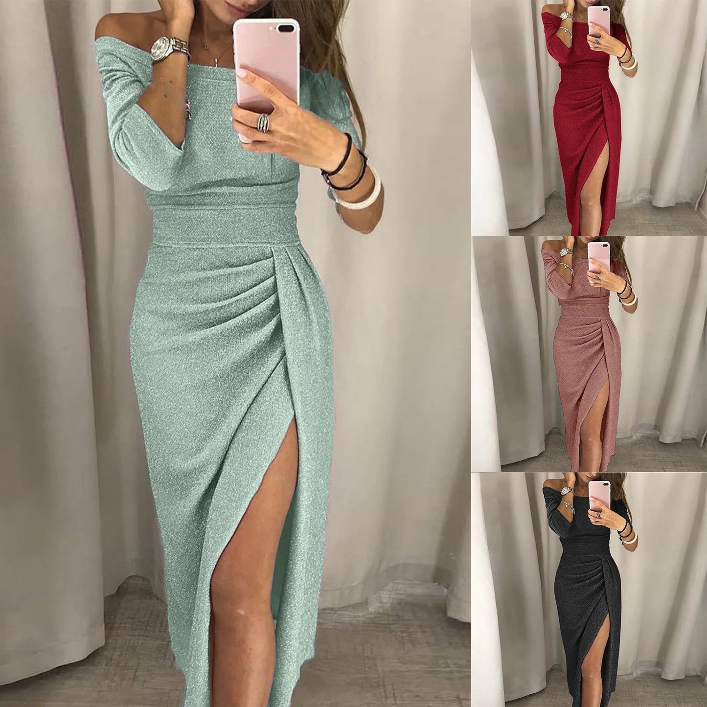 2024 Autumn Women Dresses Evening Party Women Dress Off Shoulder High Slit Tight Elegant Long Dress Sexy Club Dress Vestidos - Seprincess