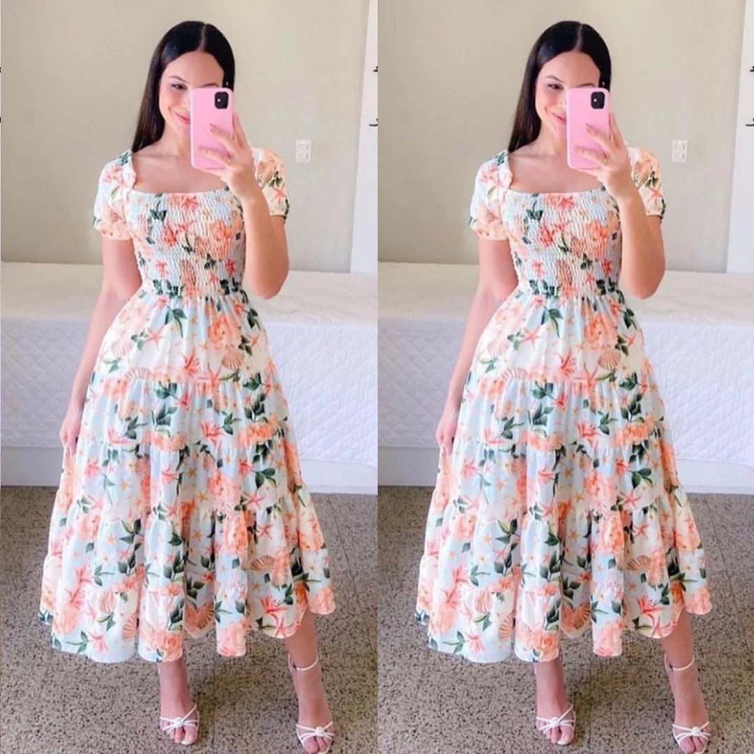 Elegant Women's Off Shoulder Midi Dress 2024 Summer Fashion dresses High Waist Flower Print Short  Sleeve Dress Robe Clothing - Seprincess