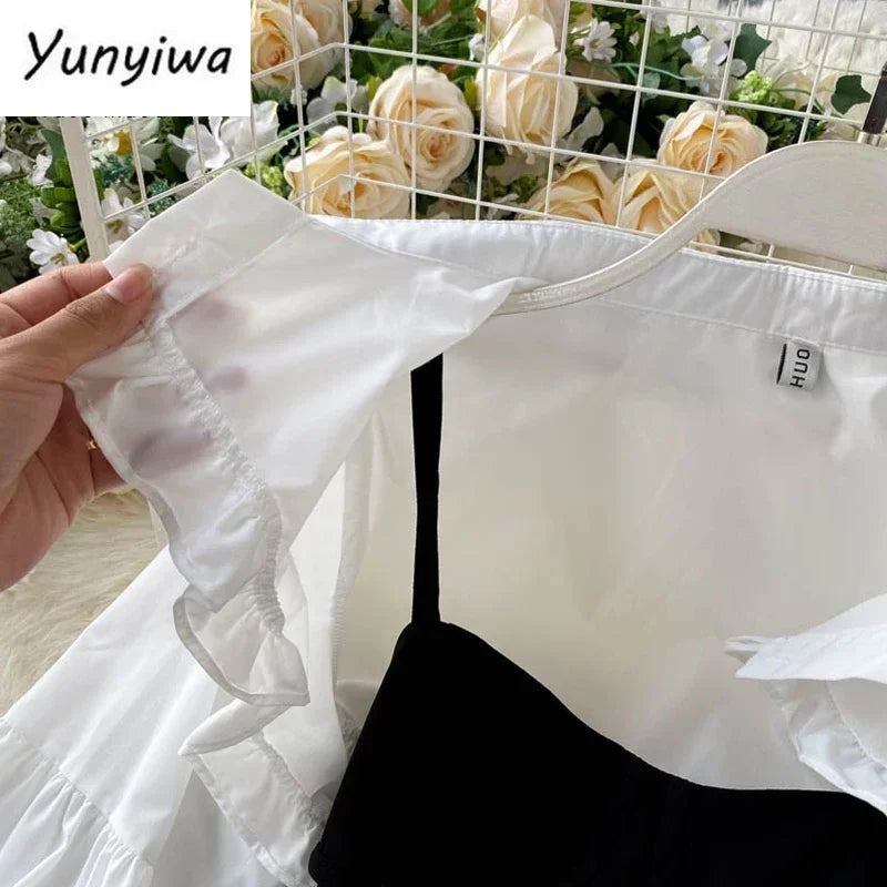 Autumn Women Sexy Black Spaghetti Strap Dress and White Long Sleeve Blouses Crop Tops Korean Fashion Mini Vestidos - Seprincess