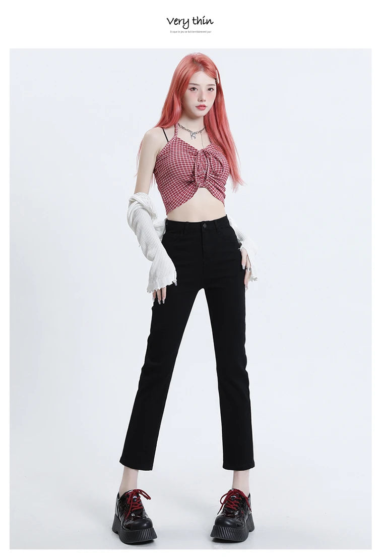 High Waisted Straight Slim Elastic Denim Jeans For Women Smoke Pipe 9,8 Pants Casual Brand Sexy Trousers Female