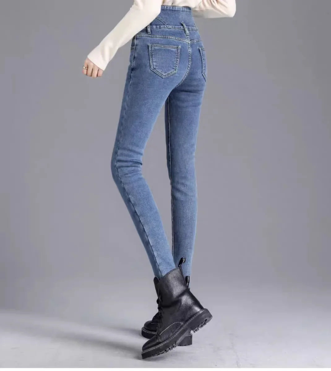 2024 Autumn/Winter New Solid Color Slim Fit Women's Jeans High Waist Buttoned Wool Lined And Thickened Pencil Leggings