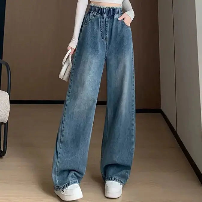 Large Size Denim Trousers Women Trailing Straight Wide Leg Loose High Waisted Slim Lace Tassel Higher Pants