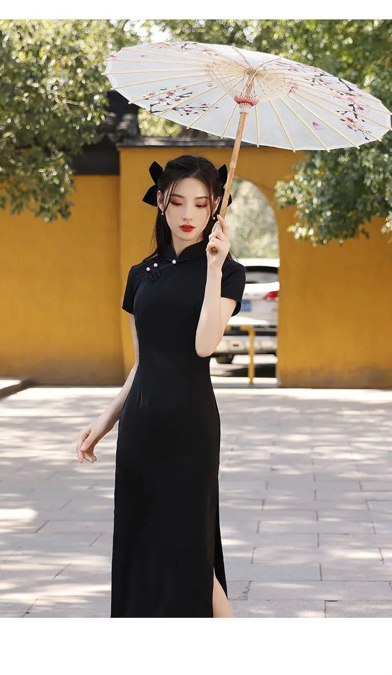 Chinese Dress Qipao Modern Women Black Slim Long Cheongsam Traditional Harajuku Hanfu Robe Orientale Vintage Vestido Mujer - Seprincess