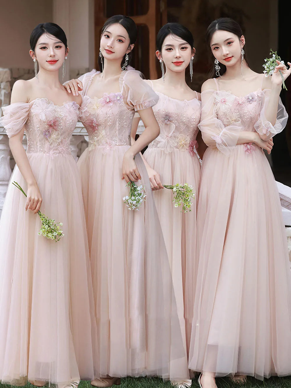 4 Styles Pink Bridesmaid Dress Women's Elegant Thin Tulle Off The Shoulder Flower Appliques A-line Wedding Party Guest Vestido - Seprincess