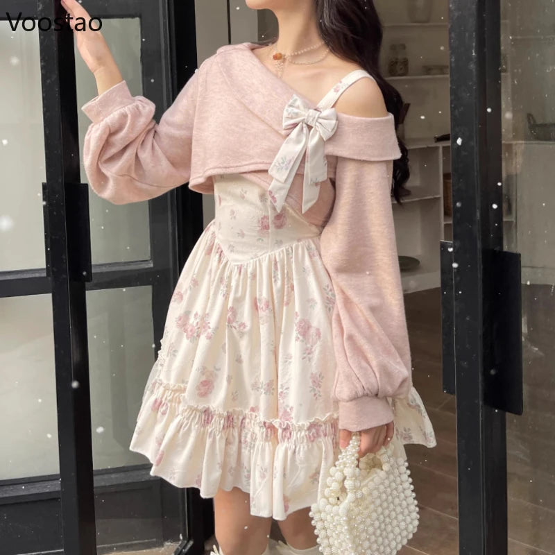 Sweet Lolita Style 2 Piece Dress Set Women Pink Bow Knitted Coat Kawaii Floral Mini Dress Female Korean Fashion Beach Party Suit - Seprincess